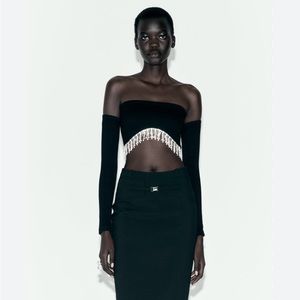 ZARA Off The Shoulder Black Rhinestone Seamless Crop Top Long Sleeve Size S!!